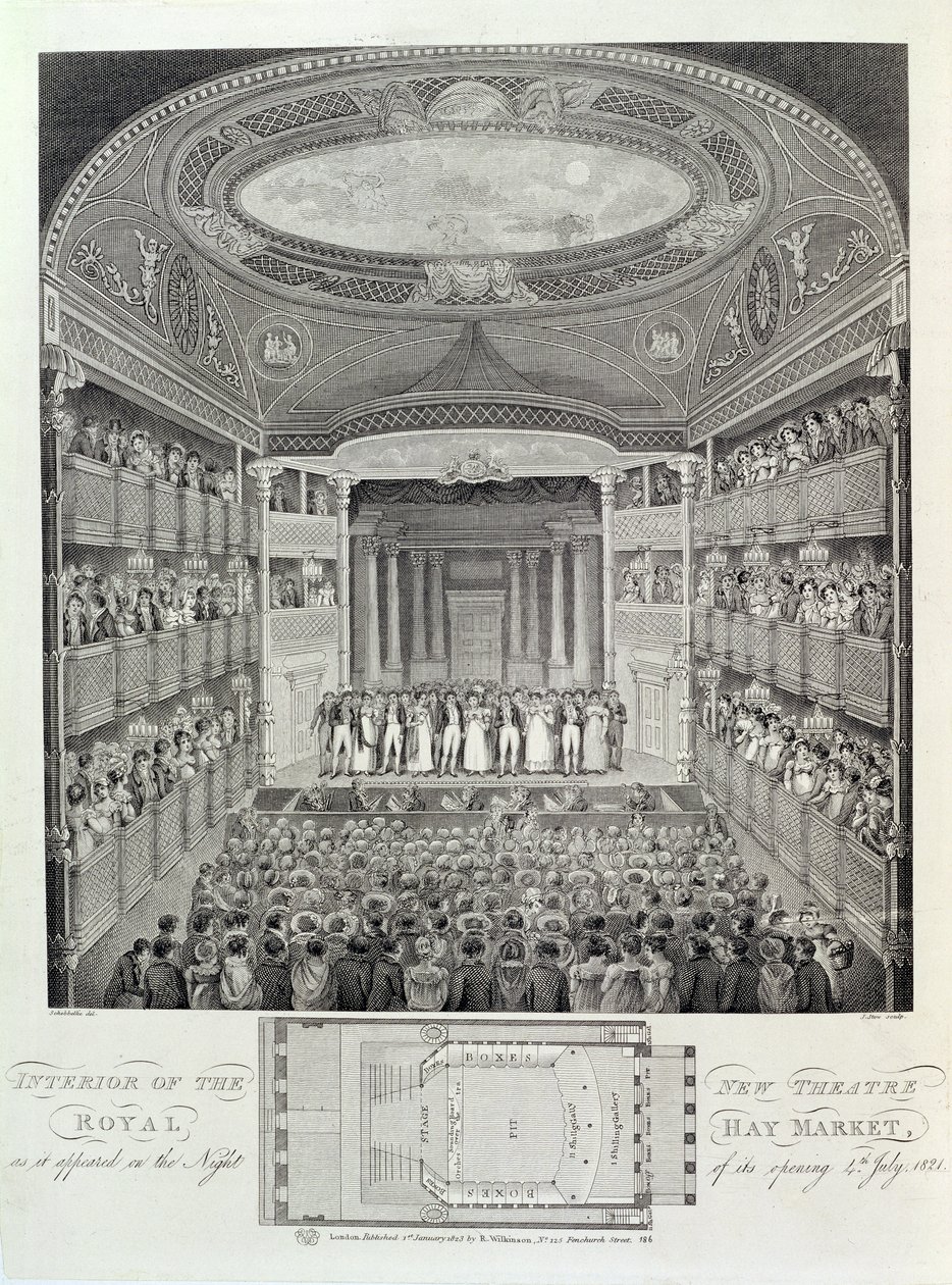 Interno del Nuovo Teatro Reale, Haymarket, come Appariva la Notte della sua Apertura, 4 luglio 1821, inciso da James Stow da Schebbellie