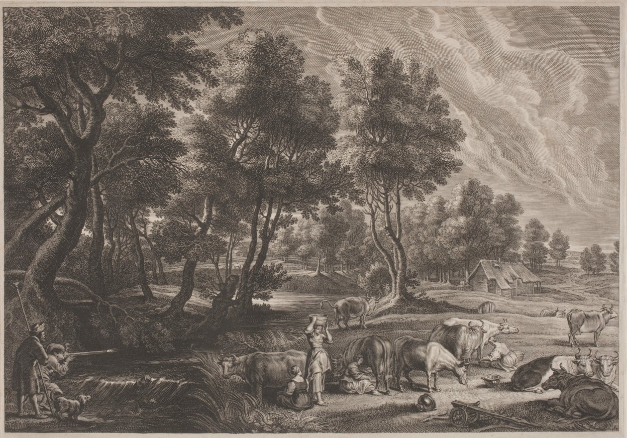 Paesaggio agricolo con cacciatori e lattaie da Schelte Adams Bolswert, after Sir Peter Paul Rubens