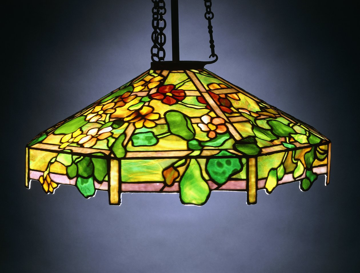 Lampadario sospeso in vetro piombato e bronzo 