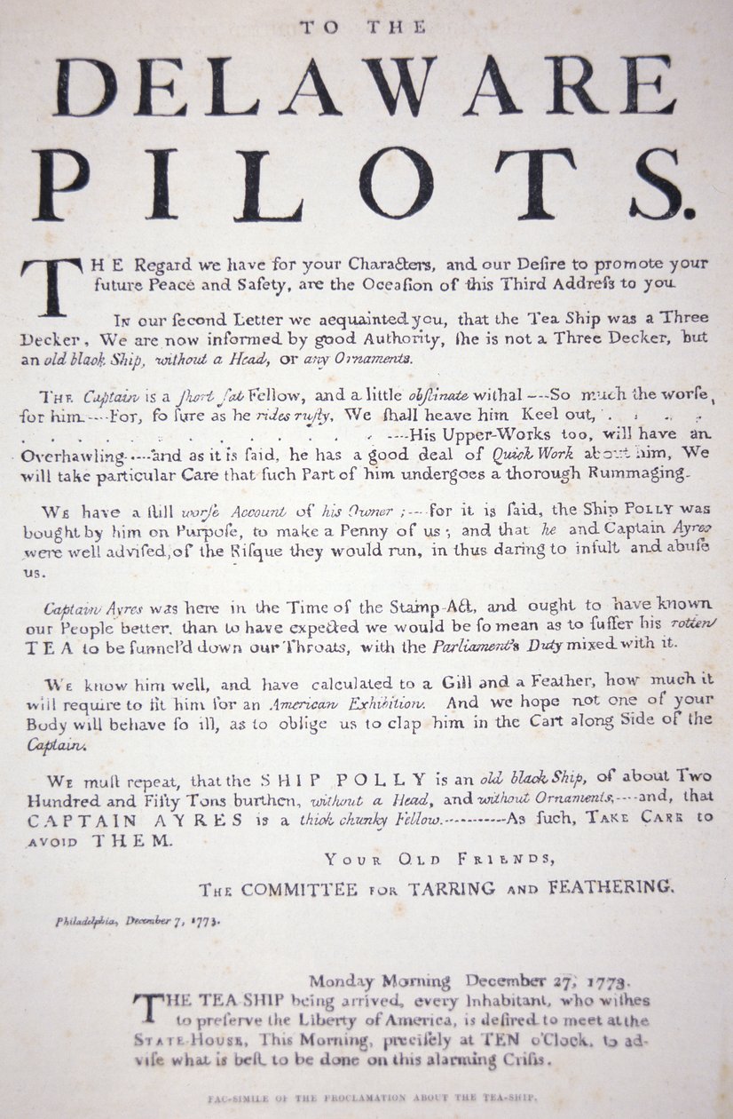 Facsimile della proclamazione dei patrioti di Filadelfia ai piloti del Delaware avvertendoli di non trattare con la nave del tè britannica, 7 dicembre 1773 da School American