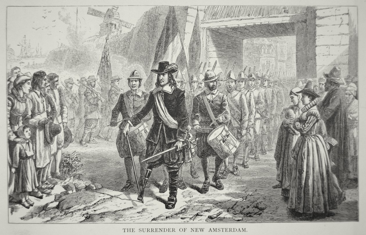 Il governatore Peter Stuyvesant cede New Amsterdam ai britannici nel 1664 da School American