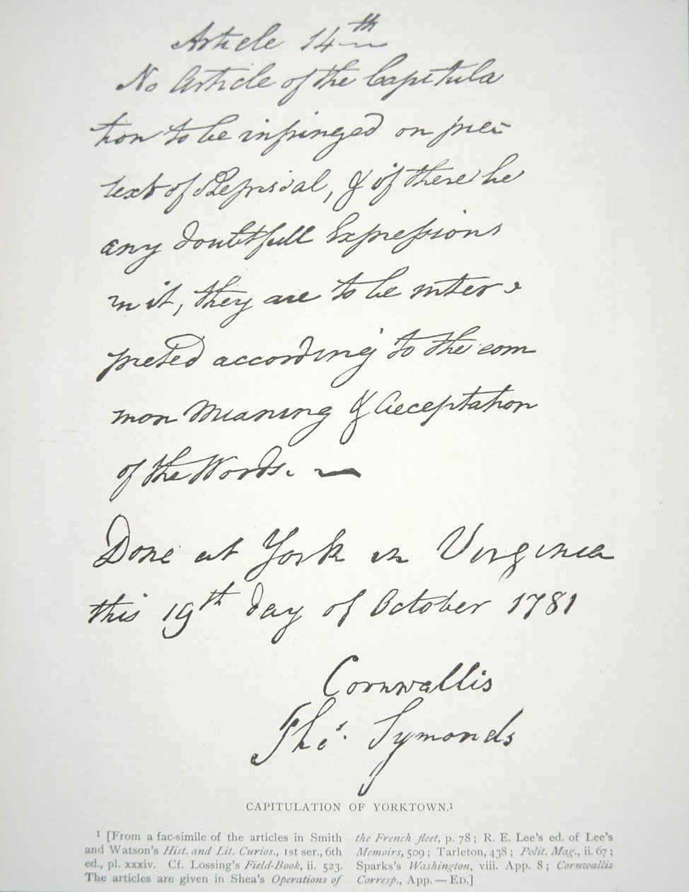 Lettera di capitolazione di Yorktown, firmata da Lord Cornwallis da School American