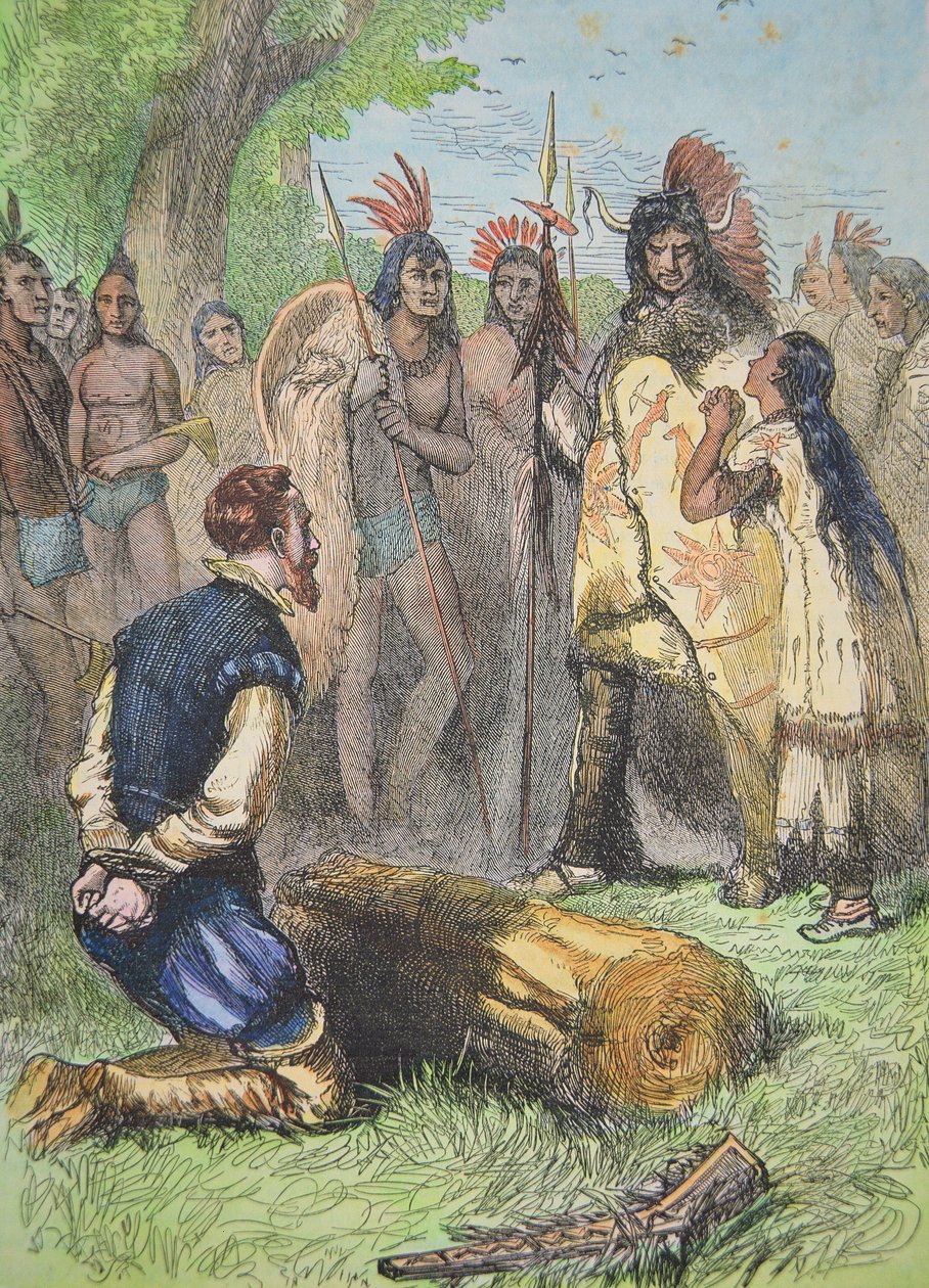 Pocahontas salva la vita di John Smith (incisione colorata) da School American