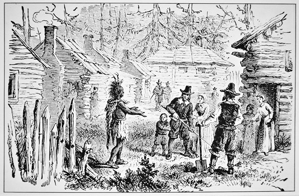 Samoset, capo dei Pemaquids visita i Padri Pellegrini nel 1621 da School American