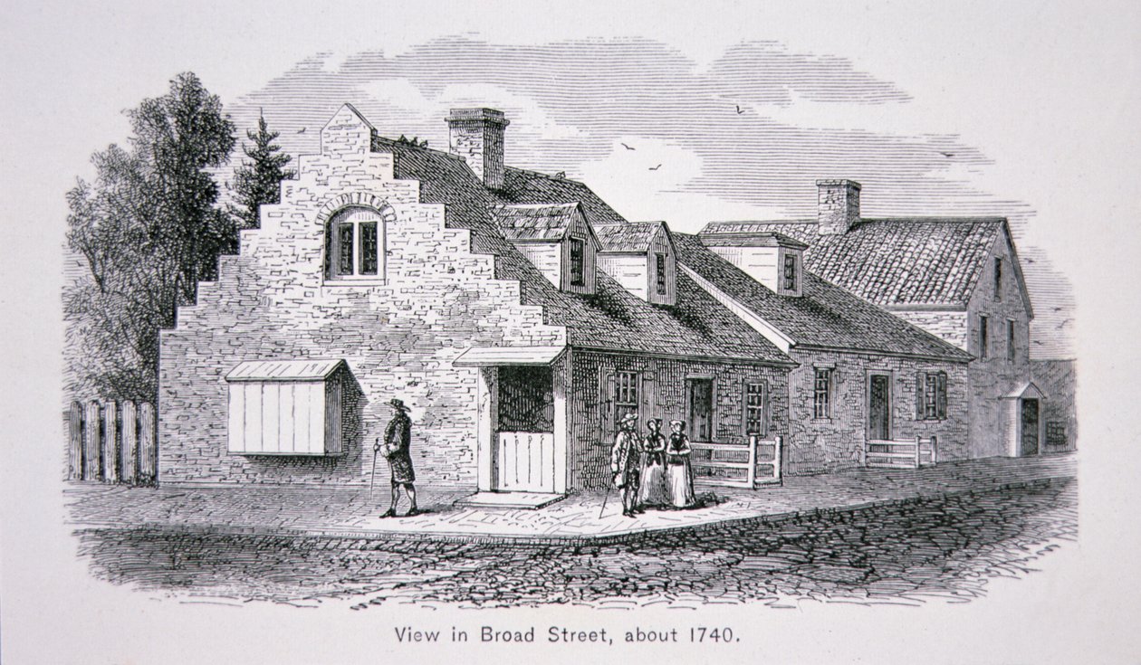 Veduta di Broad Street, New York City c.1740 da School American