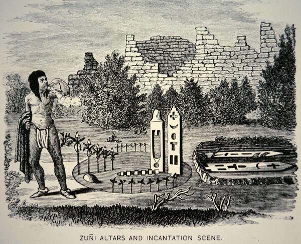 Zuni che soffia polline su un santuario Pueblo (incisione) da School American