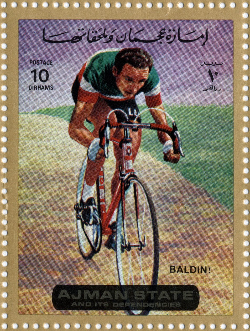 Francobollo degli Emirati Arabi Uniti che rappresenta il ciclista Ercole Baldini (nato nel 1933) da School Arabic