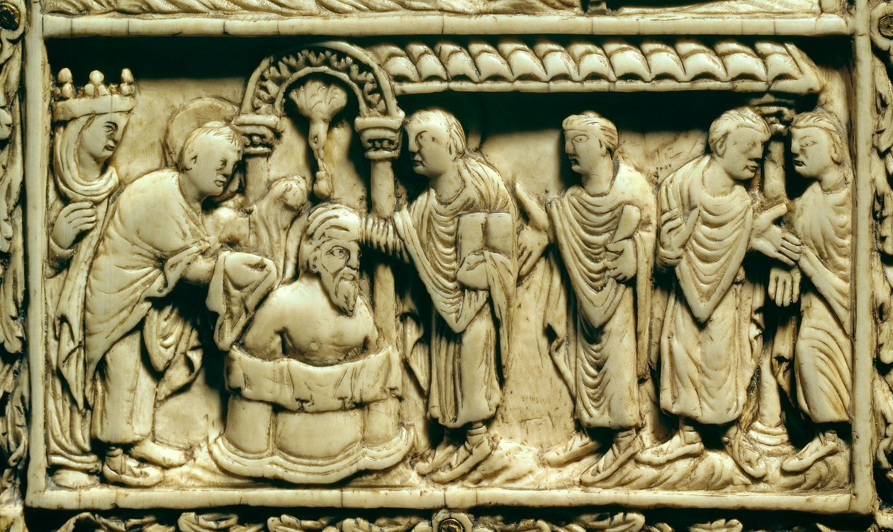 Arte Carolingia: (dettaglio) il battesimo di Clodoveo I (466-511) alla presenza della Regina Clotilde il 25/12/498. IX secolo. Amiens, Museo della Piccardia da School Carolingian
