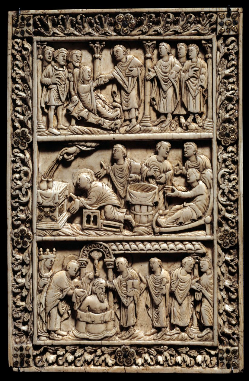 Arte carolingia: miracolo della Santa Ampolla, dittico in avorio che raffigura in alto, la resurrezione di una giovane ragazza, al centro un battesimo malato, in basso il battesimo di Clodoveo I (466-511) alla presenza della regina Clotilde il 25/12/498. I da School Carolingian