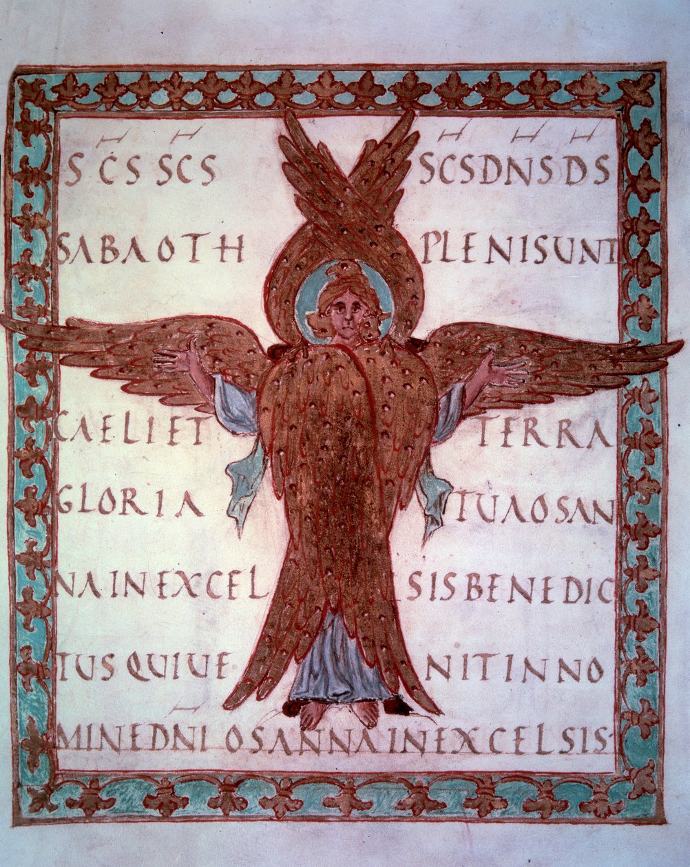 Rappresentazione di un serafino in miniatura tratto dal manoscritto carolingio “Sacramentaire de Drogon”, destinato a Drogon, figlio di Carlo Magno. IX secolo Parigi, B.N. da School Carolingian