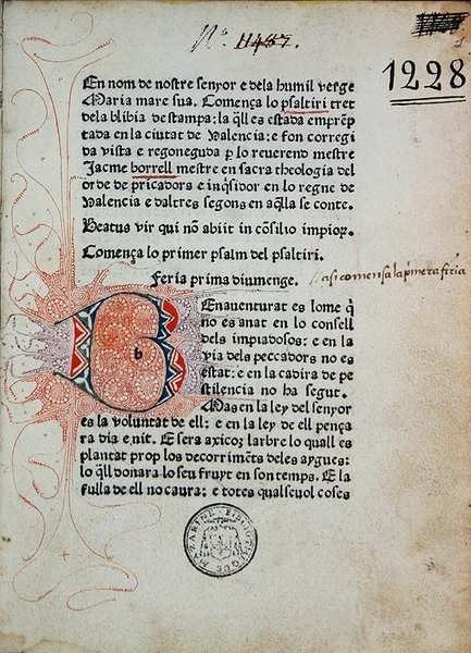 Salterio di Bonifacio Ferrer, corretto da Jaime Borrell, stampato da Nicolaus Spindeler a Barcellona nel 1480 da School Catalan