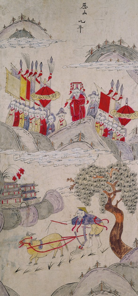 Pannello di un paravento a otto pieghe raffigurante storie famose della Cina (pigmenti naturali su carta) da School Chinese
