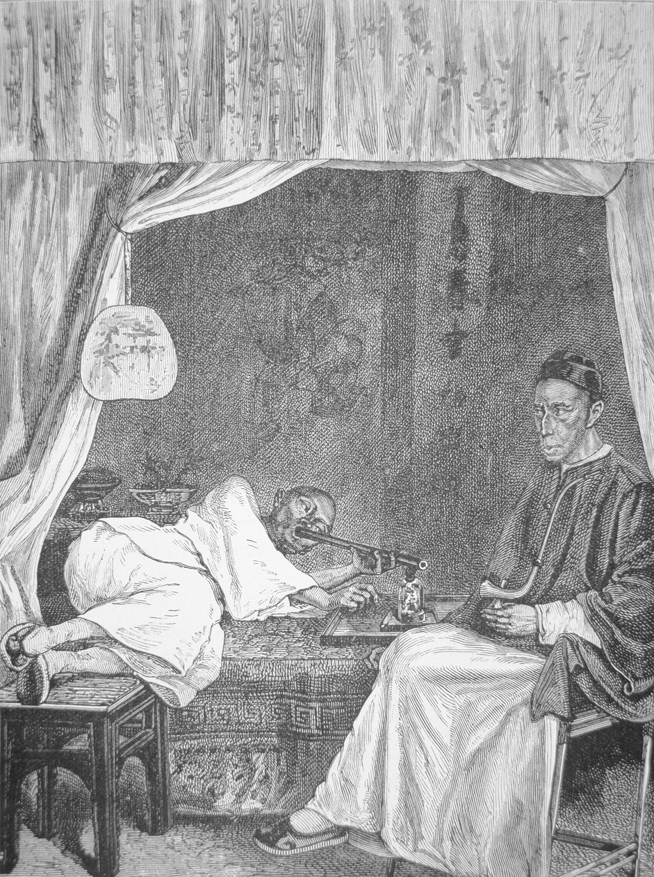 Fumatori di oppio cinesi, incisione del 1875 da School Chinese