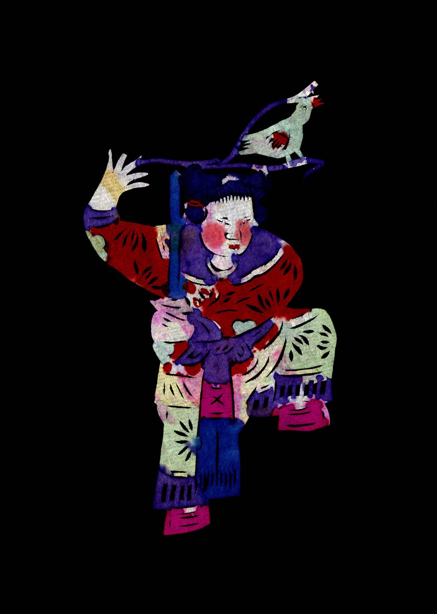 Personaggio femminile che impugna una spada con uccello. Taglio di carta dipinta o "Jian Zhi", arte popolare cinese, Pekin. da School Chinese