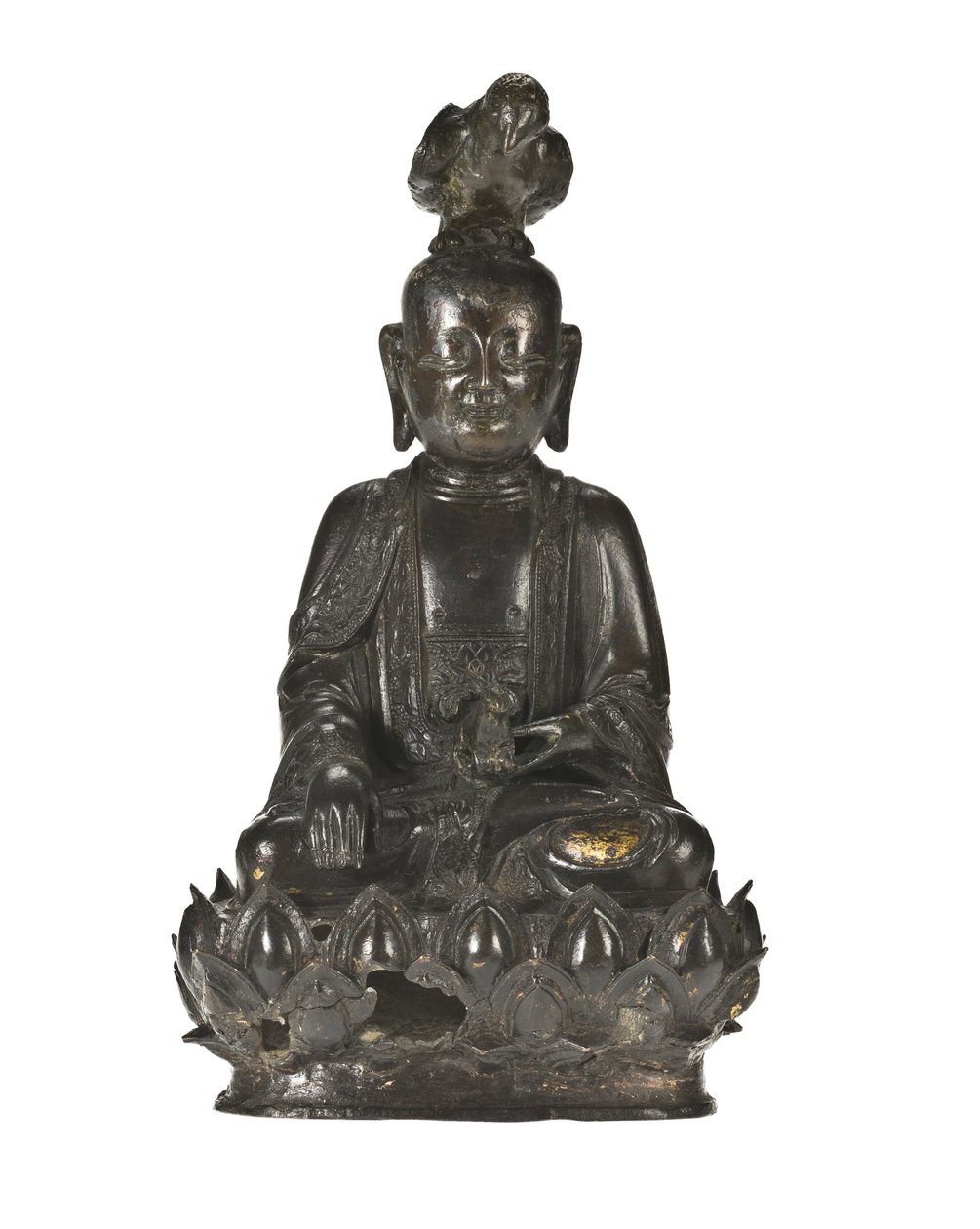 Figura di Guanyin, la dea cinese della misericordia seduta su una base a forma di loto con un corvo posato sulla testa e un coniglio nella mano sinistra da School Chinese