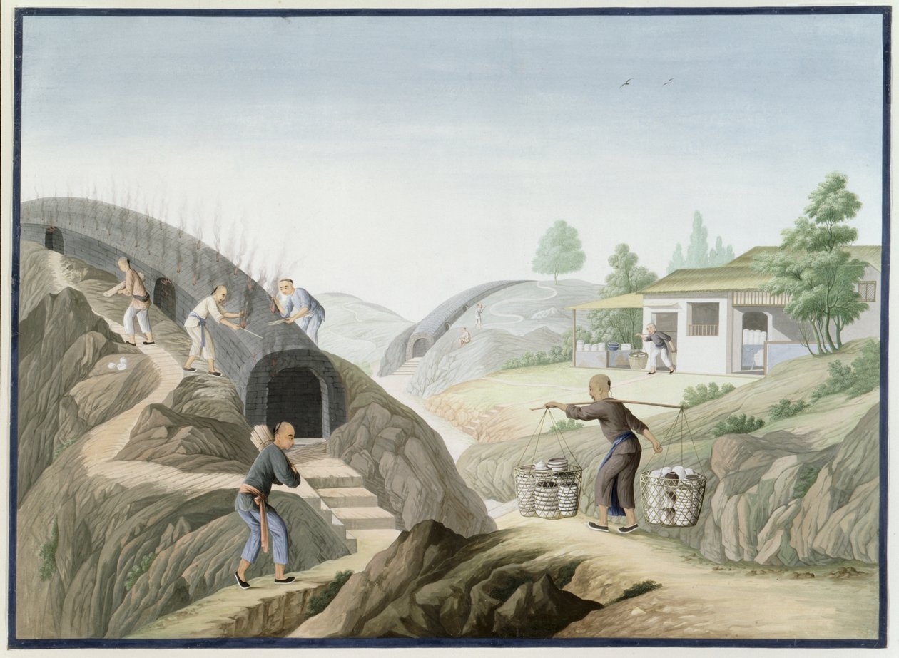 Fabbricazione della porcellana: Cottura del forno a drago (acquerello e gouache su carta) da School Chinese