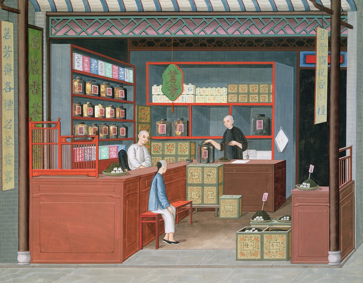 Ming-Tang Tea Store che spaccia tè profumato Tenderleaf (acquerello e gouache su carta) da School Chinese