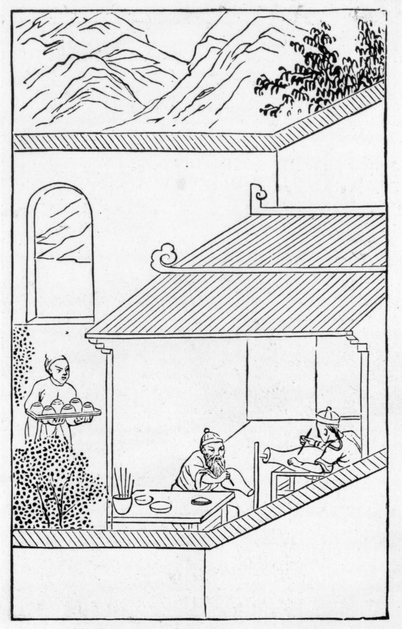 Dipinto di fiori blu su vasi, da una serie di illustrazioni sulla fabbricazione della porcellana (litografia) da School Chinese