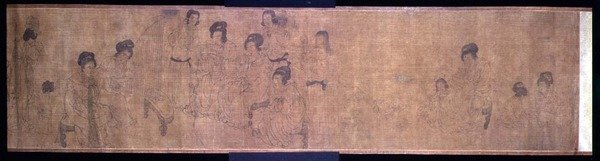 Signore del palazzo a riposo, rotolo a mano, dettaglio di signore che fanno musica, dopo un originale di Wen-chu Chou, periodo Sung meridionale, c.1140 da School Chinese
