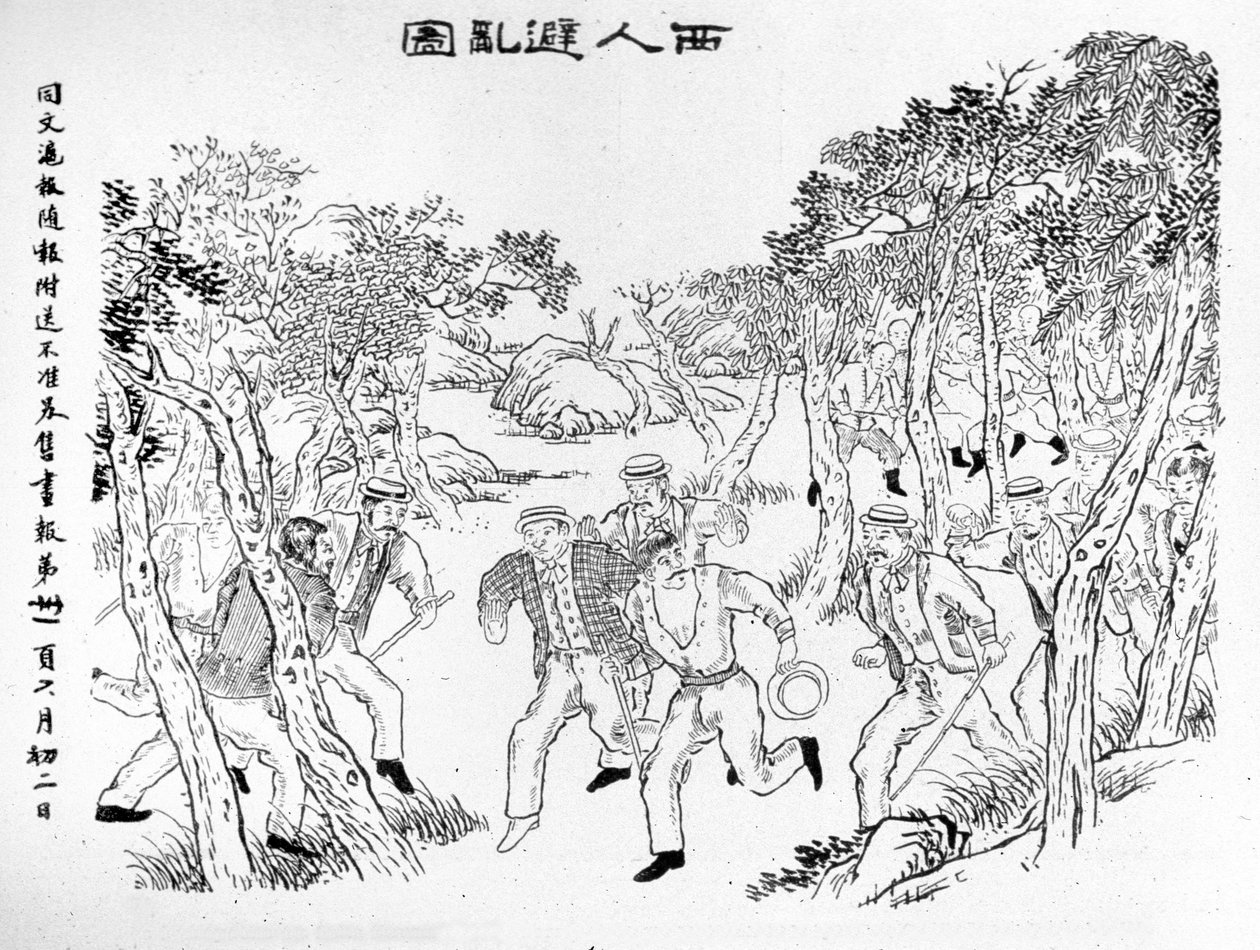 Rivolta dei Boxer: Gli europei in fuga di fronte ai Boxer. Illustrazione pubblicata sul Journal de Shanghai Toung-Ouen-Hou-Pao. Circa 1899. da School Chinese