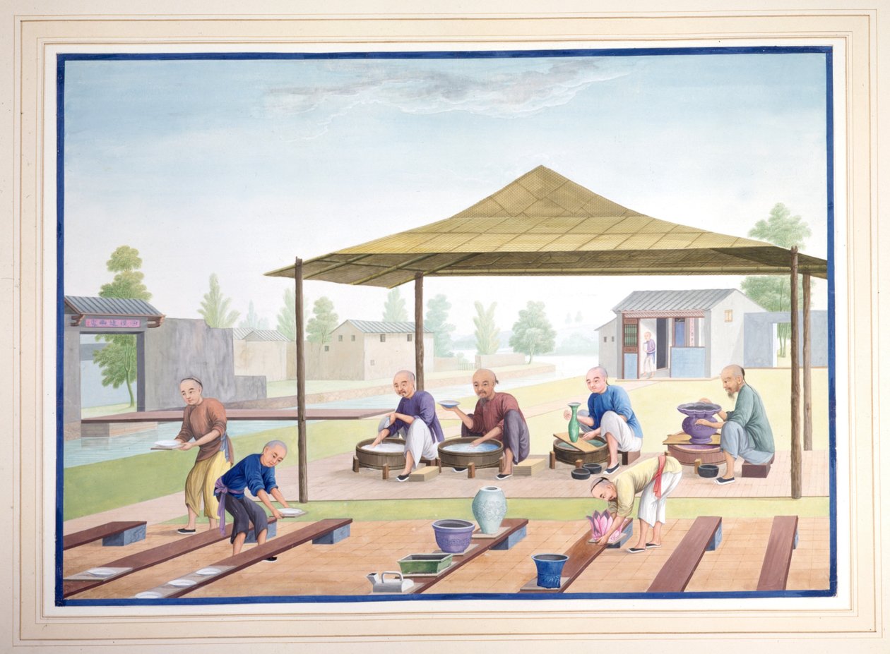 Operai che applicano gli smalti, 1825 circa (gouache su carta) da School Chinese