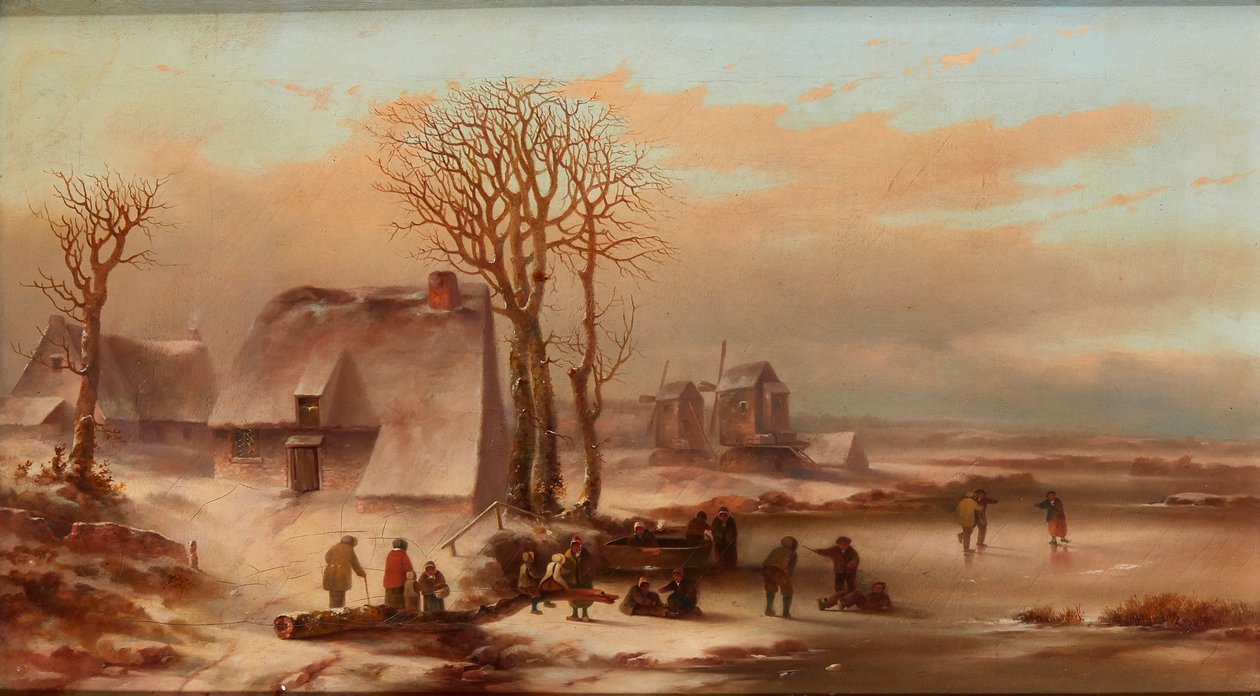 Paesaggio invernale con figure su un lago ghiacciato da School Dutch