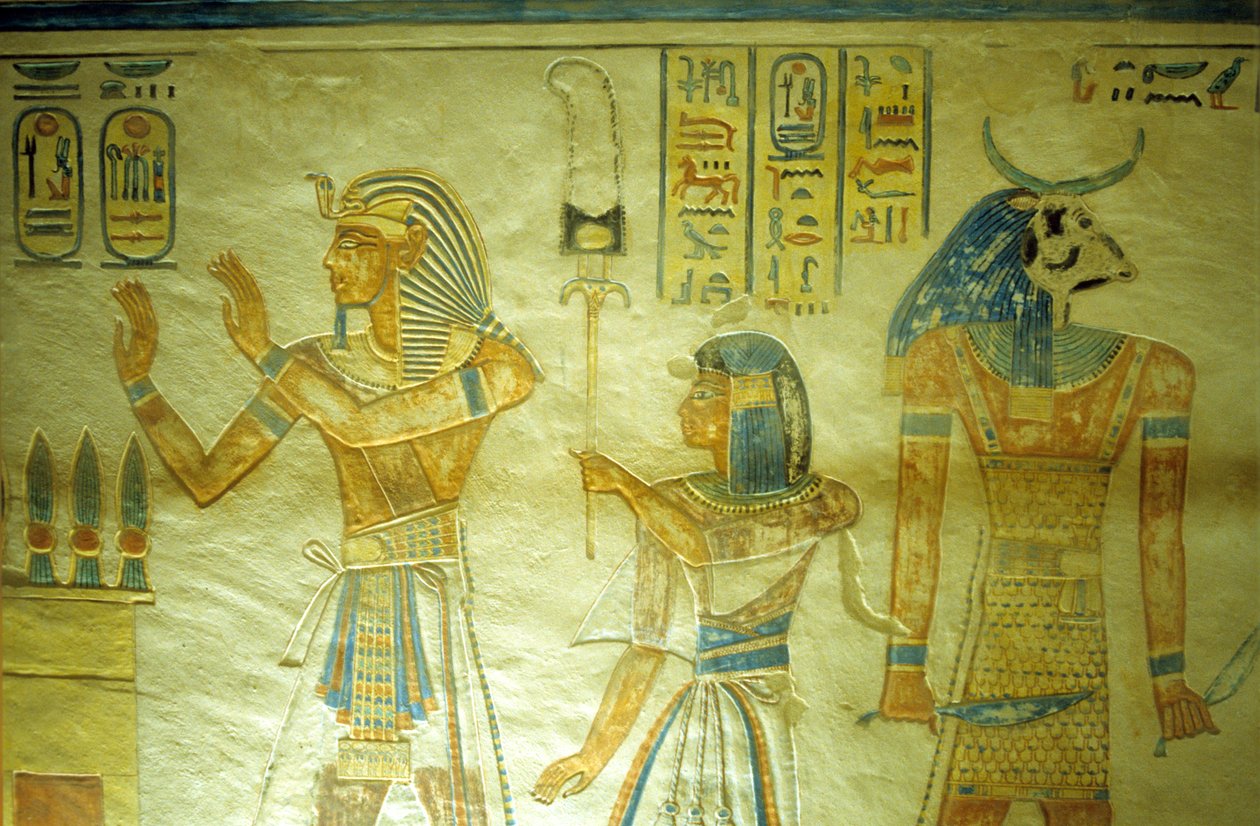 Antico Egitto, Pittura/Incisione, Tomba di Amon hir Khopshef, Ramesse III con suo figlio Amon-Hir che porta uno stendardo da School Egyptian