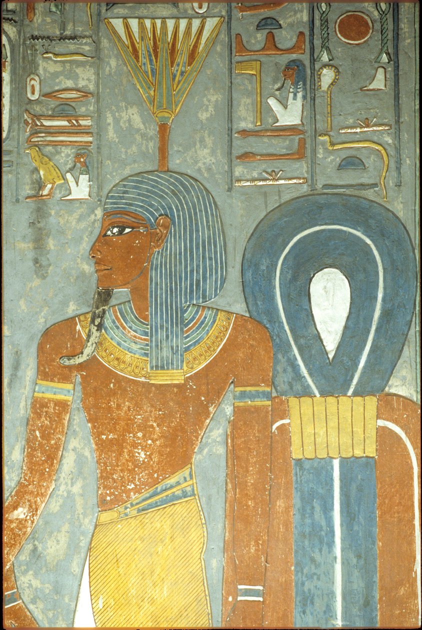 Antico Egitto, Pittura, Tomba di Horemheb, Tebe XVIII dinastia, Dio Nefertum e Nodo di Iside, Nefertum con copricapo di ninfea (foto) da School Egyptian
