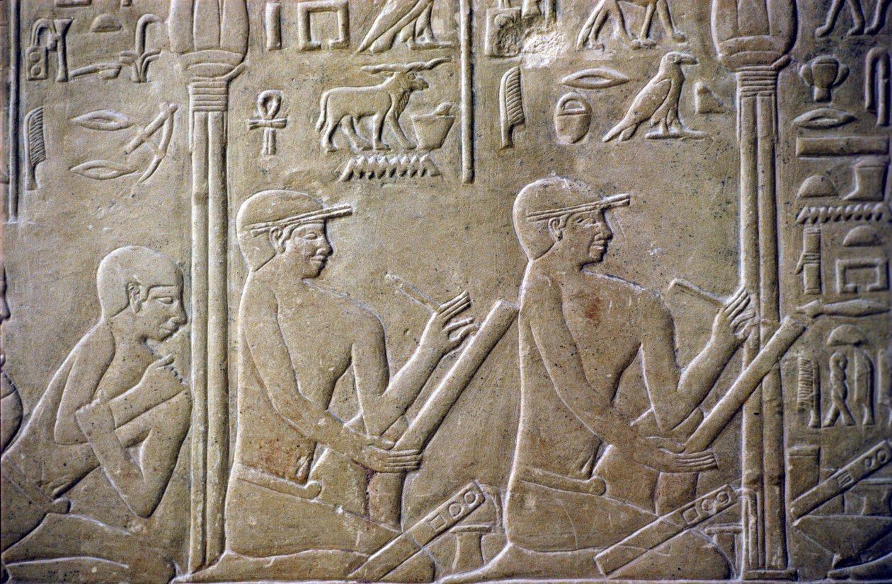Antico Egitto, Rilievo/Incisione, Tomba di Merereuka, Mastaba di Merereuka, VI Dinastia, Saqqara, Anziani del villaggio costretti ad ammettere i loro errori fiscali ai funzionari (foto) da School Egyptian