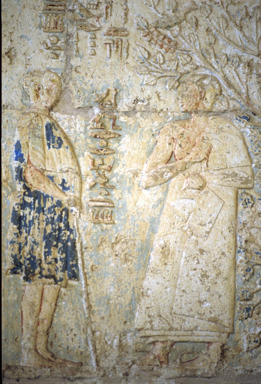 Antico Egitto, Incisione murale/pittura, Tomba di Petosiris, Tuna el Gebel, 300 a.C., Petosiris e sua moglie (foto) da School Egyptian