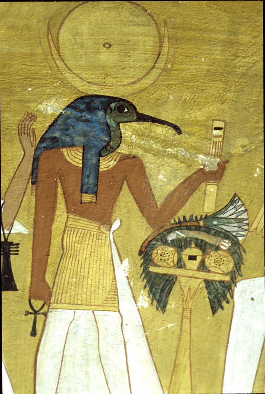 Antico Egitto, Pittura murale Tomba di Inherkhau, Tebe, Dio Thoth che introduce il defunto a Osiride, XX dinastia, Dio con testa di ibis con disco lunare da School Egyptian