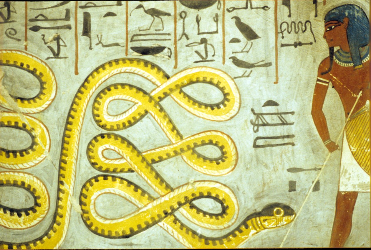 Antico Egitto, pittura murale, Tomba di Ramses I, Valle dei Re, Ramses I uccide il serpente dio degli inferi da School Egyptian