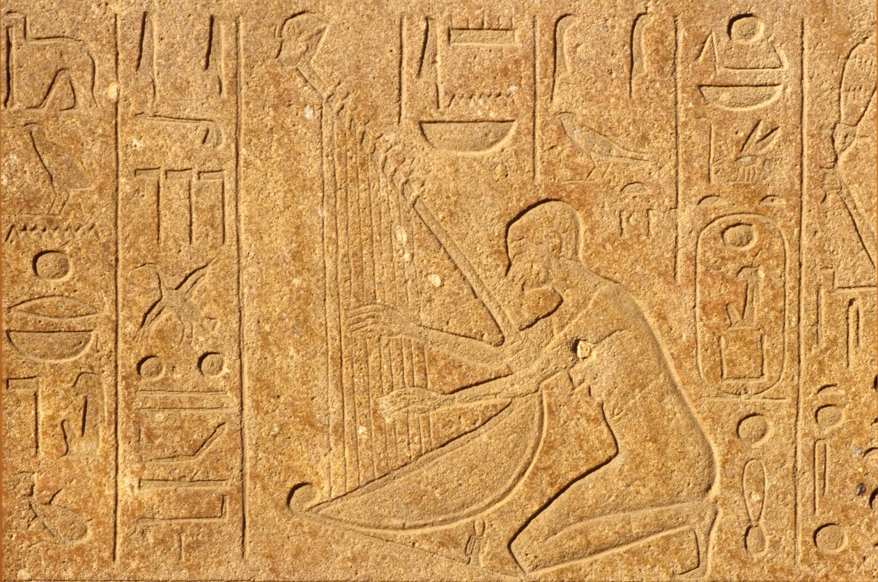 Antico Egitto, Pittura/Scultura murale, Arpista con la testa di Hatshepsut in cima all