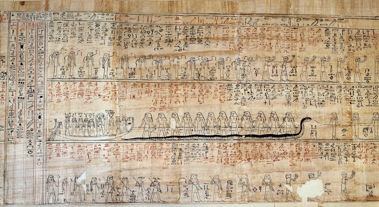 Antichità egizia: papiro tratto dal Libro delle Dimore Segrete. Questo libro è una rappresentazione commentata del viaggio sotterraneo del sole durante le dodici ore della notte. Prima disegnato sulle pareti delle tombe reali, fu poi trascritto su da School Egyptian