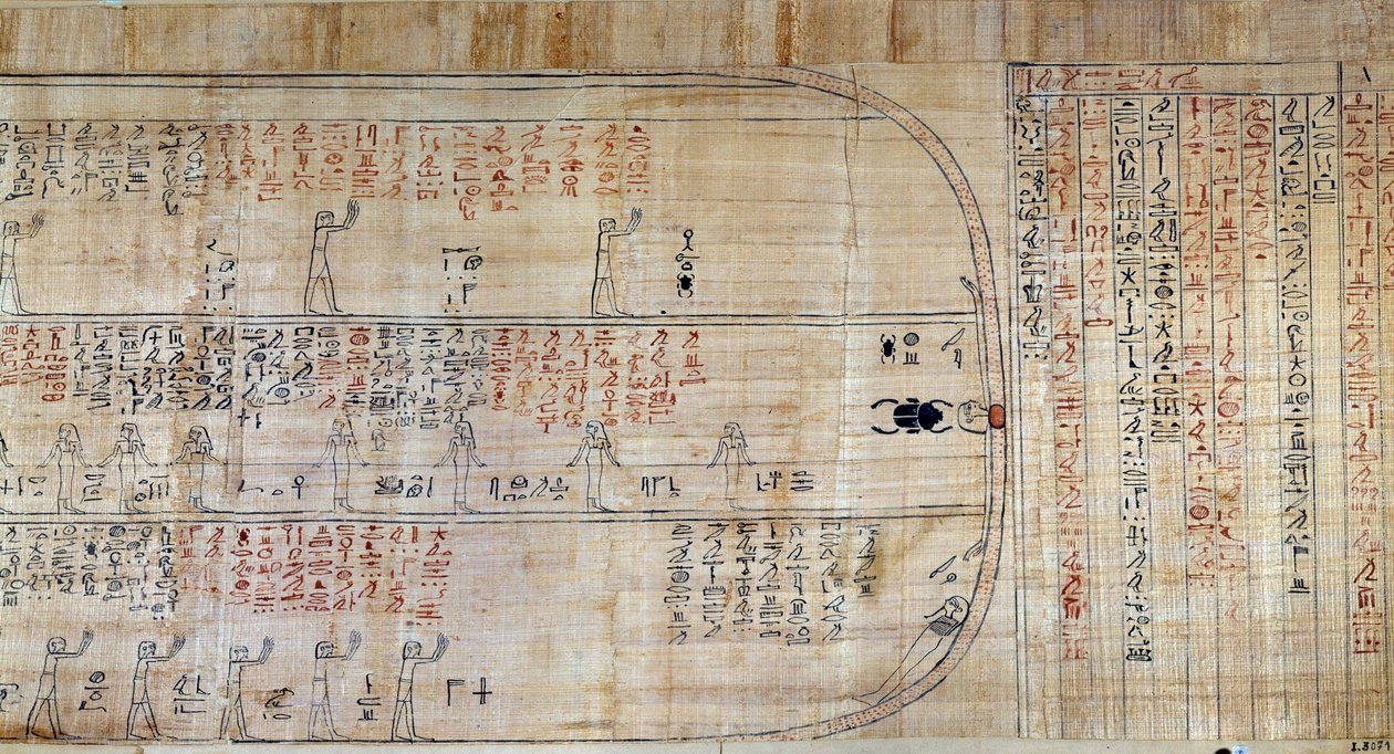 Antichità egizia: papiro tratto dal Libro delle Dimore Segrete. Questo libro è una rappresentazione commentata del viaggio sotterraneo del sole durante le dodici ore della notte. Prima disegnato sulle pareti delle tombe reali, fu poi trascritto su da School Egyptian
