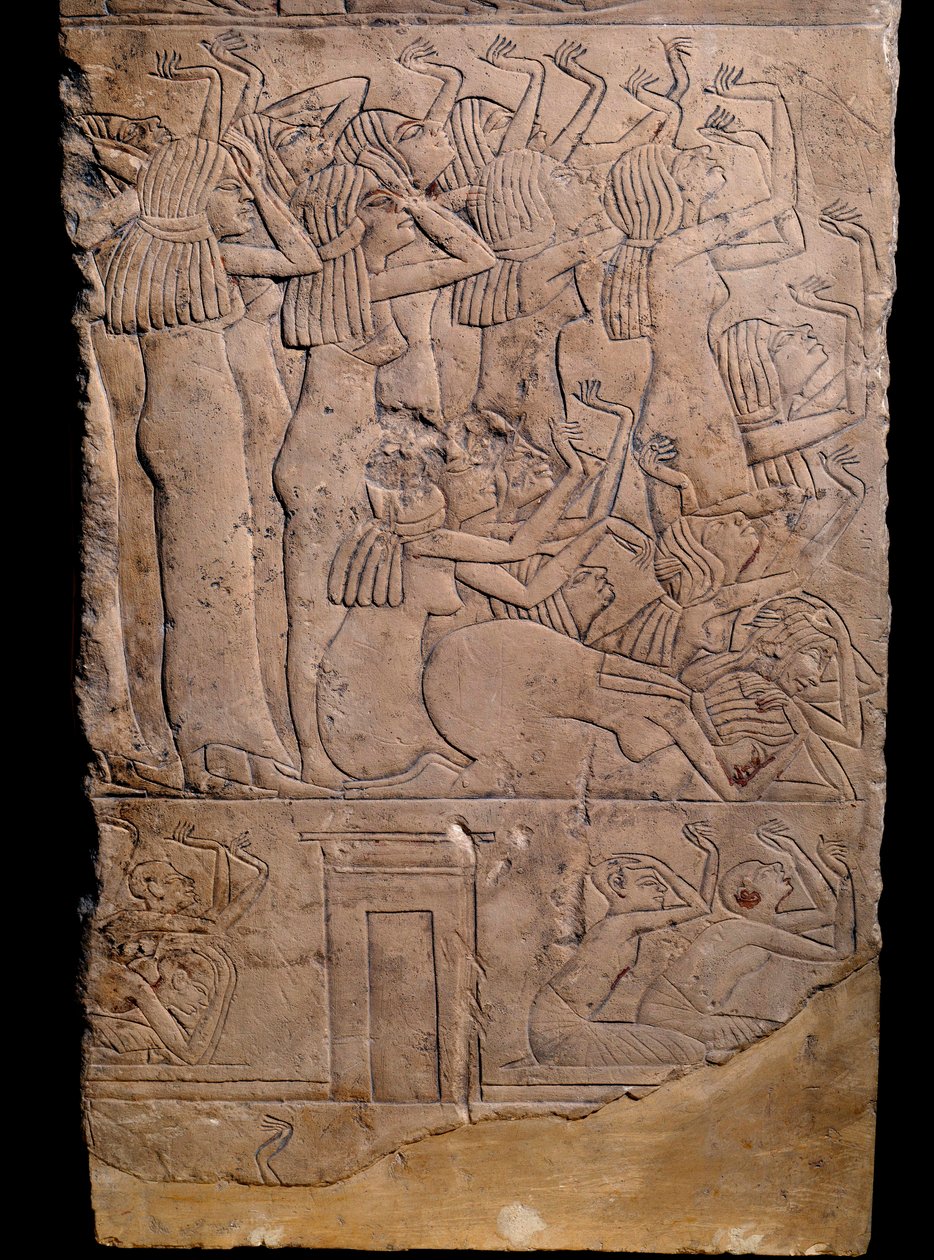 Antichità egizia: tomba memfita di Horemheb a Saqqarah, rilievo: pianto al funerale di Horemheb. XVIII dinastia (circa 1550-1295 a.C.) da School Egyptian