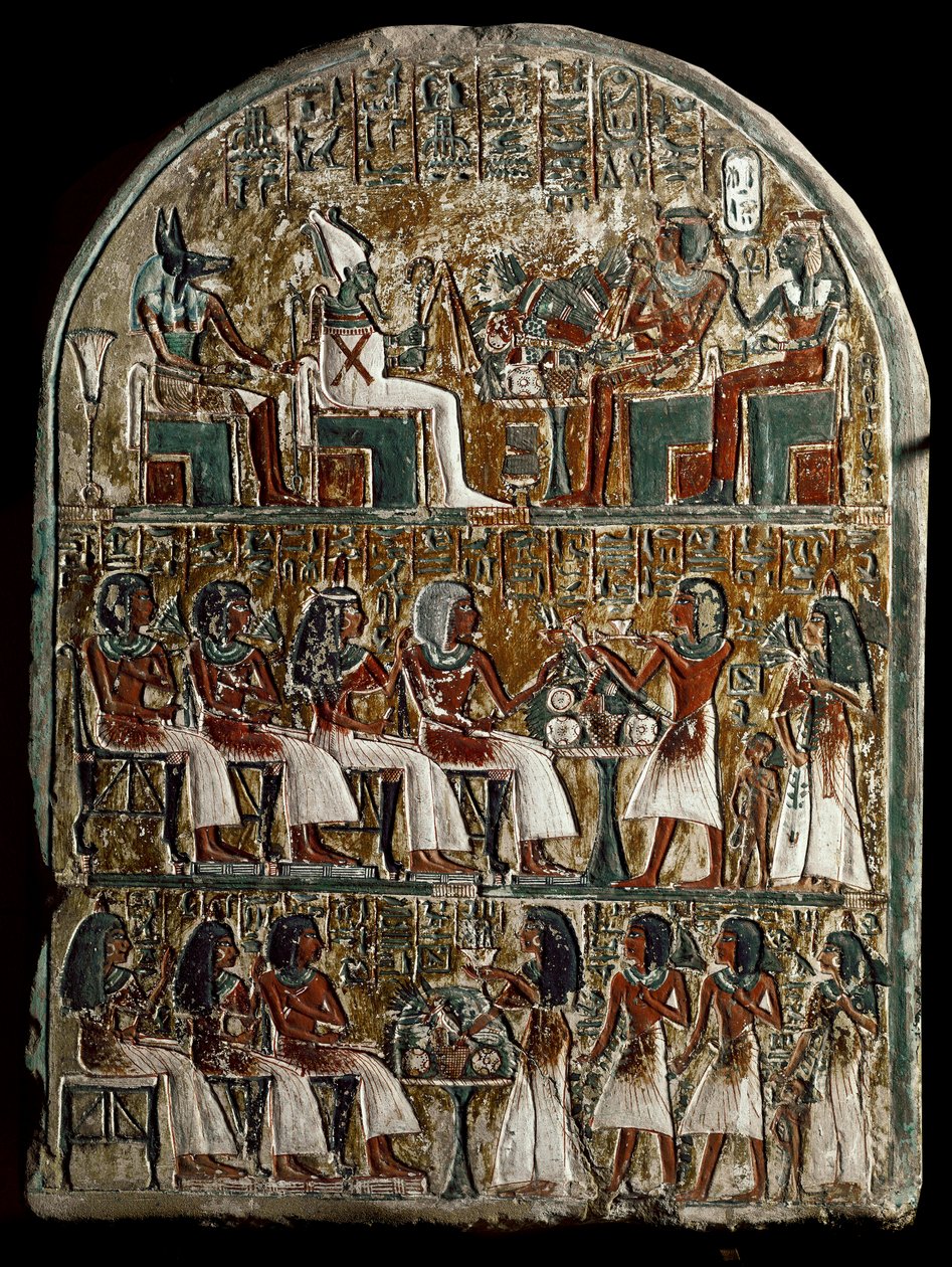 Stele di Irynefer, in alto gli dei Osiride e Anubi di fronte ad Amenofi I e Ahmes Nefertari divinizzati; al centro Irynefer, sua moglie Mehytkhaty e la loro figlia Hathor fanno l