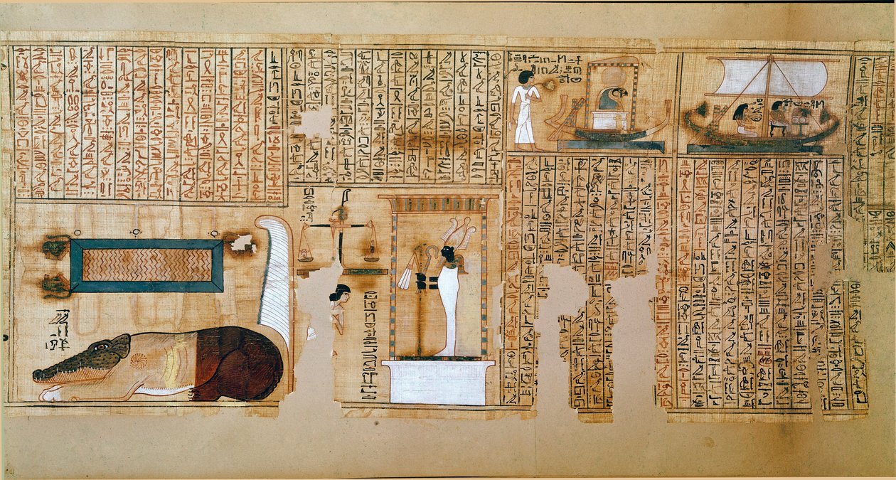 Antichità egizia: frammento del Libro dei Morti, papiro di Nebqed. Dettaglio che rappresenta la pesatura delle anime. XVIII dinastia. 1400-1350 a.C. Parigi, Museo del Louvre da School Egyptian