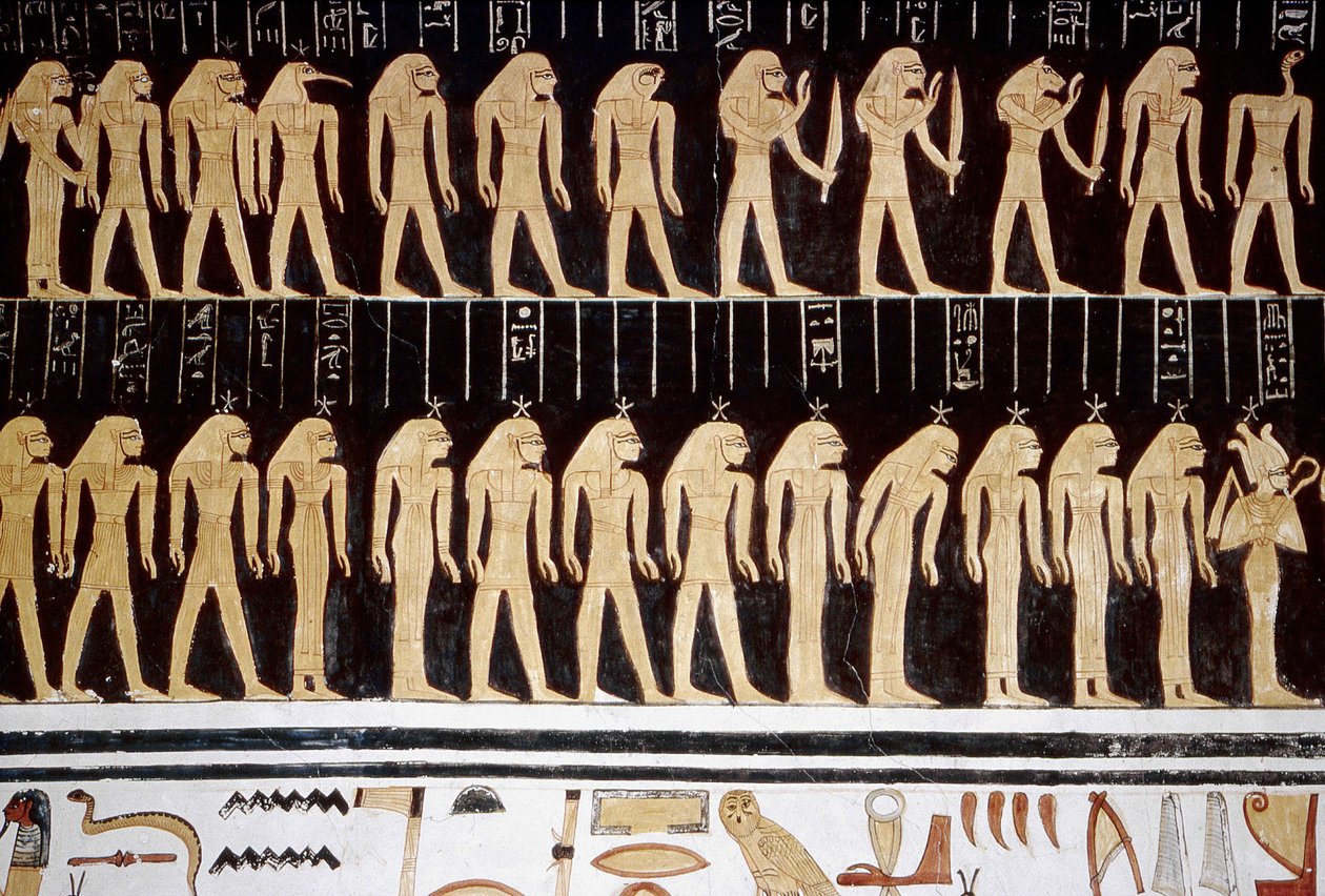 Luxor, Tebe: Valle dei Re, disegno di dio e dea sulla parete interna di un tempio da School Egyptian