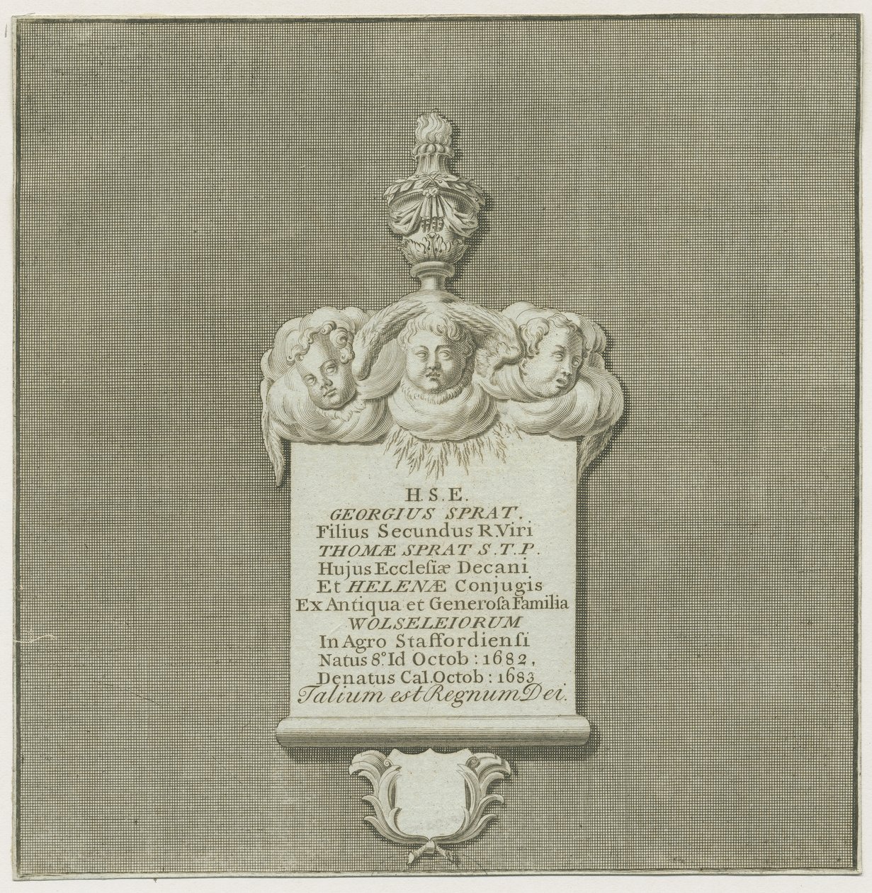 Colwich - Monumento murale a George Sprat (incisione) da School English