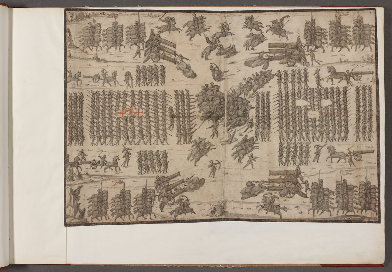 Una battaglia. Eserciti in formazione. Disegni di eserciti, soldati, cavalli e bardature, e altre scene militari. 1500-1650 da School English
