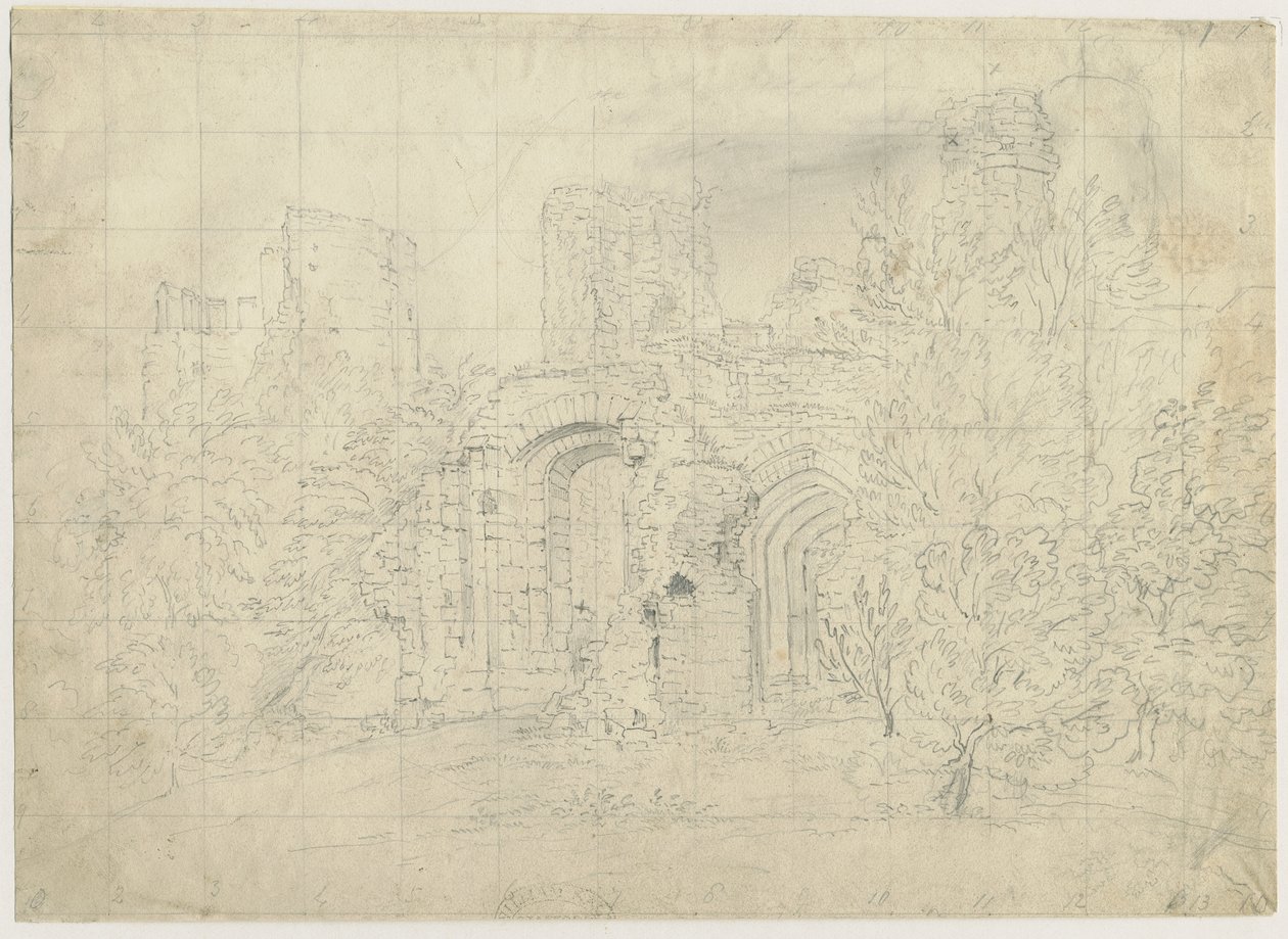 Castello di Dudley - il Barbican (disegno a matita, nd 19° sec) da School English