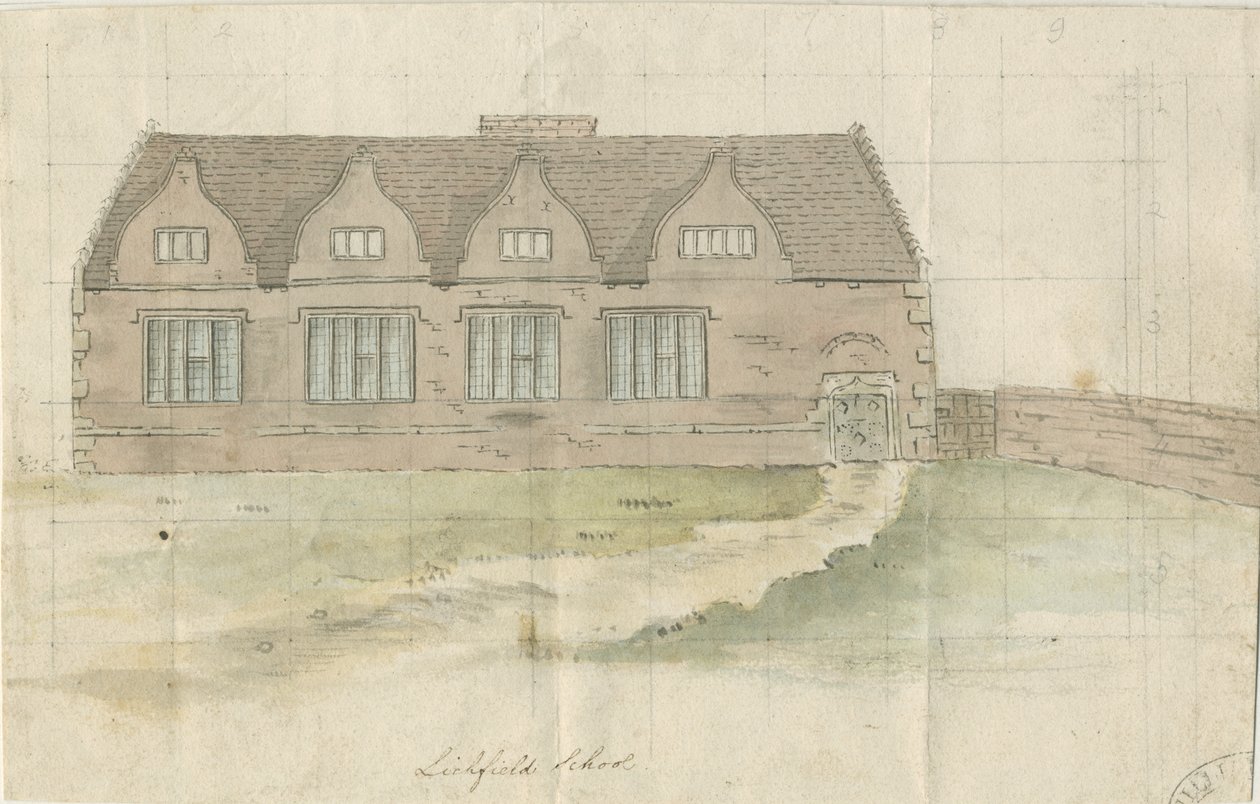 Lichfield - Scuola di grammatica: dipinto ad acquerello, nd [?fine XVIII secolo] da School English