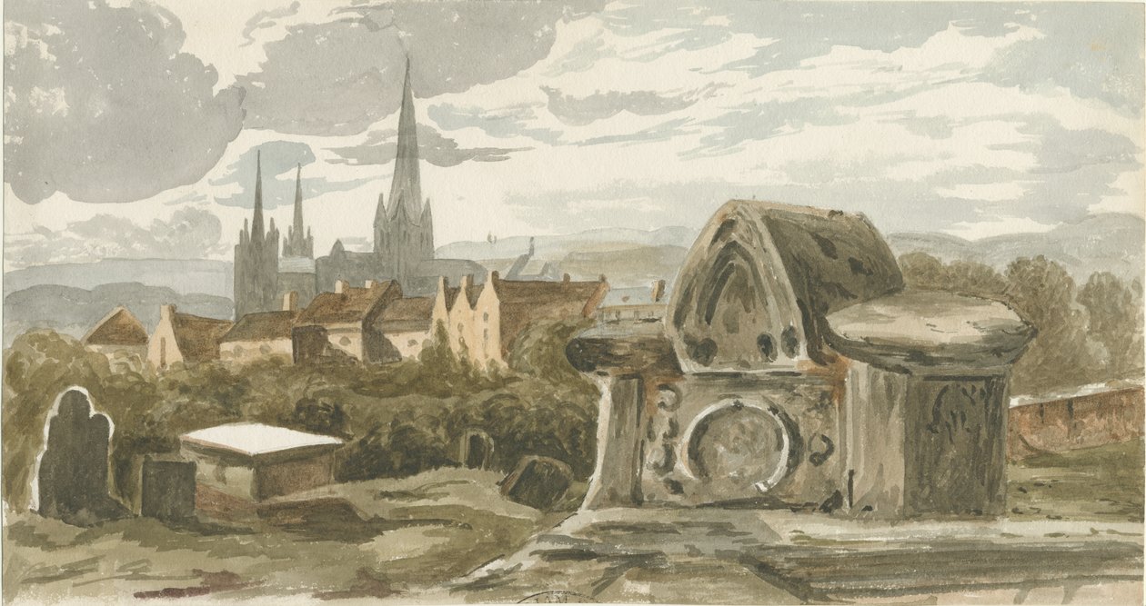 Lichfield - Vecchia tomba nel cimitero della Chiesa di San Michele: dipinto ad acquerello, nd [?19th cent] da School English