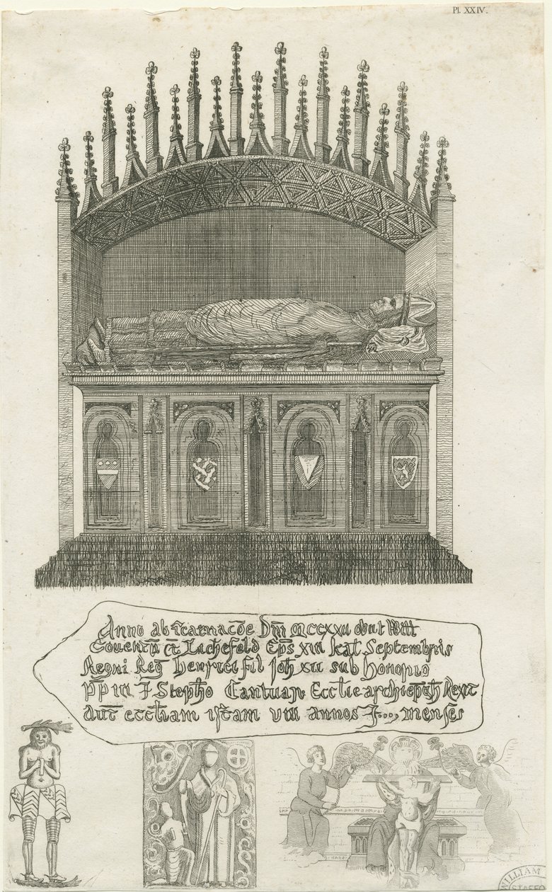 Cattedrale di Lichfield - Tomba del vescovo [?Vescovo Cornhill]: incisione, nd [?fine XVIII sec] da School English