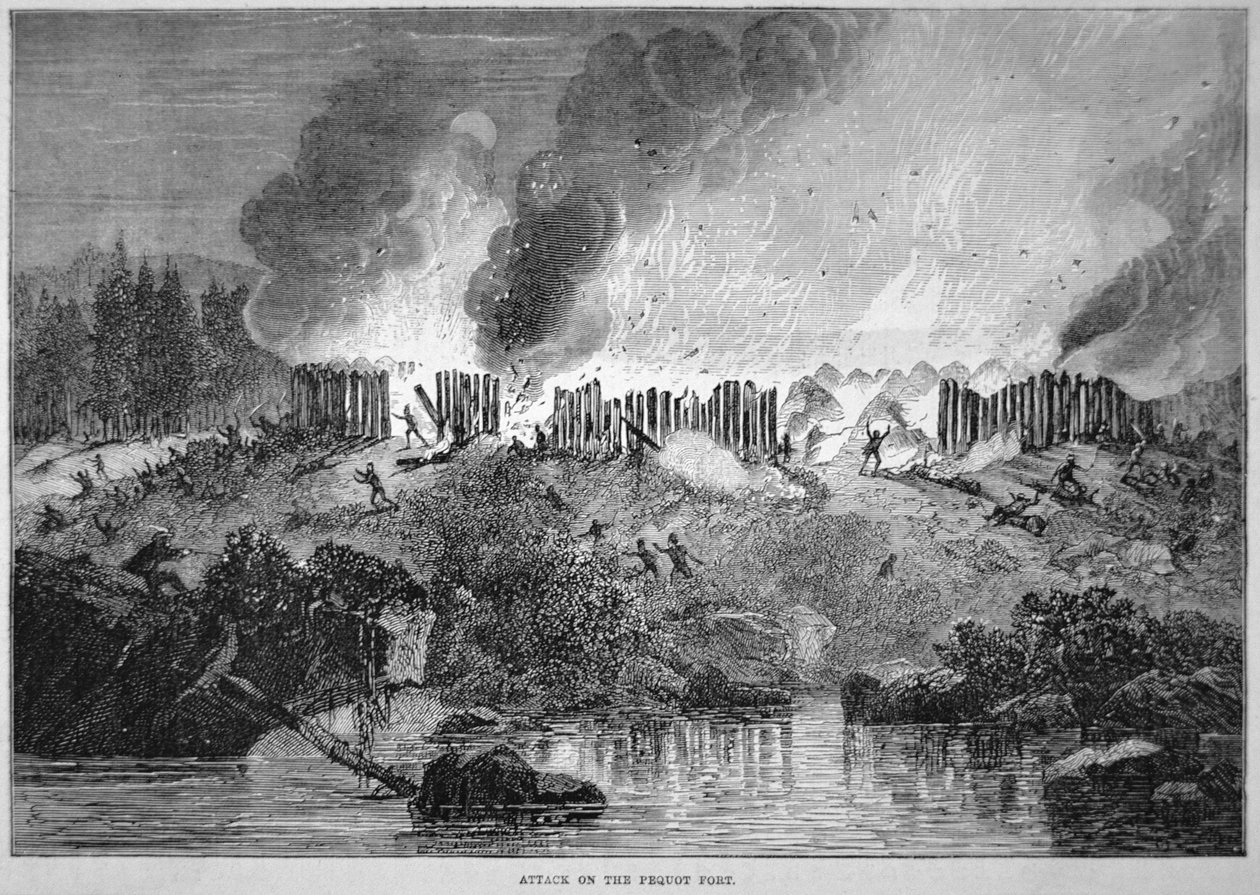 Coloni bianchi del New England attaccano il forte indiano Pequot durante la Guerra Pequot del 1637 da School English