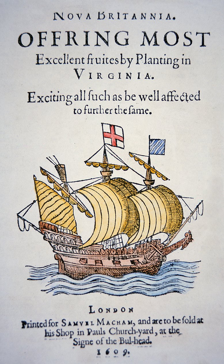 Opuscolo che incoraggia i coloni ad andare in Virginia in America, pubblicato nel 1609 da School English