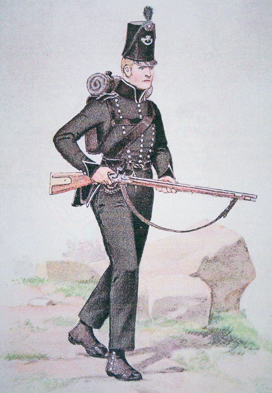 Soldato dei 95th Rifles, c.1810, armato con il fucile Baker, progettato da Ezekiel Baker di Londra da School English