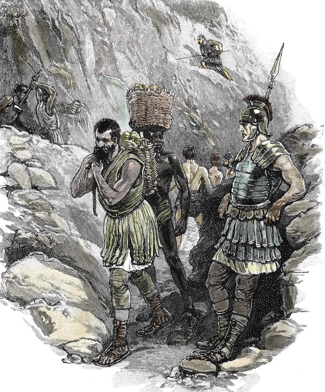 Legionario romano che supervisiona i lavoratori anglosassoni in una miniera di stagno, Inghilterra 50 d.C. da School English