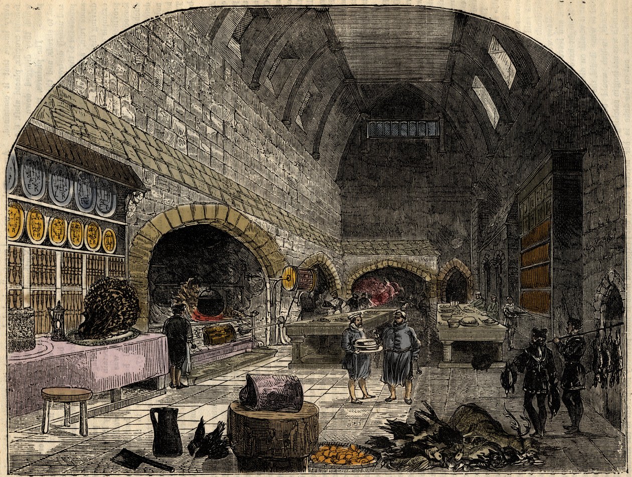 La cucina del XVI secolo della regina Elisabetta I - incisione da "History of England" di Cassell Petter & Galpin da School English
